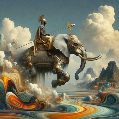 The primary subject of the image is a man riding on the back of an elephant. The man is dressed in a golden costume, and the elephant is adorned with gold as well. The setting is a surreal, fantastical environment, with the man and the elephant surrounded by clouds and a mountainous landscape. The visual style is a combination of digital art and illustration, creating a vibrant and imaginative scene. The colors and mood of the image are lively and dream